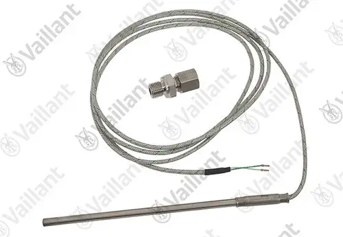 Vaillant Temperaturfühler mit Edelstahlsonde und Kabel, ausgestattet mit einem Gewindeanschluss. Ideal für Heizungs- und Warmwassersysteme.
